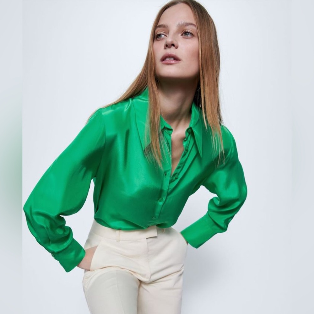 Zara Emerald Green Satin Button-Down Shirt